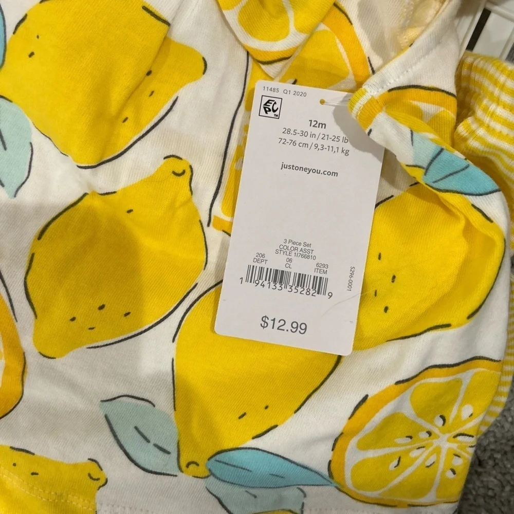 Carter's 3 Piece Set - Yellow Lemon Print Baby Romper and Onesie - 12M NWT - Picture 4 of 4